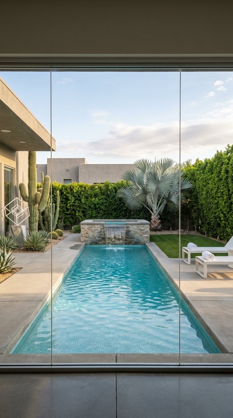 Piscine rectangulaire avec spa surélevé vue derrière une paroi vitrée