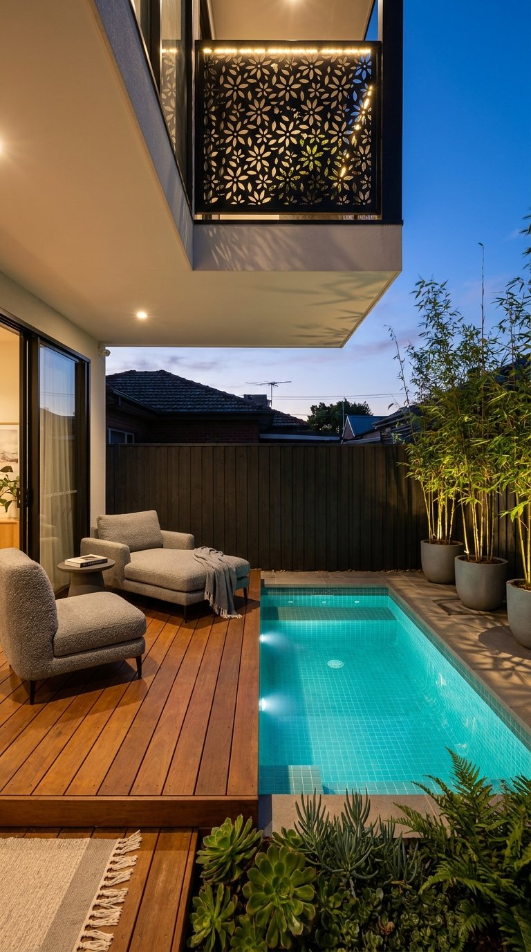 Petite piscine éclairée entre une terrasse en bois et des bambous en pot
