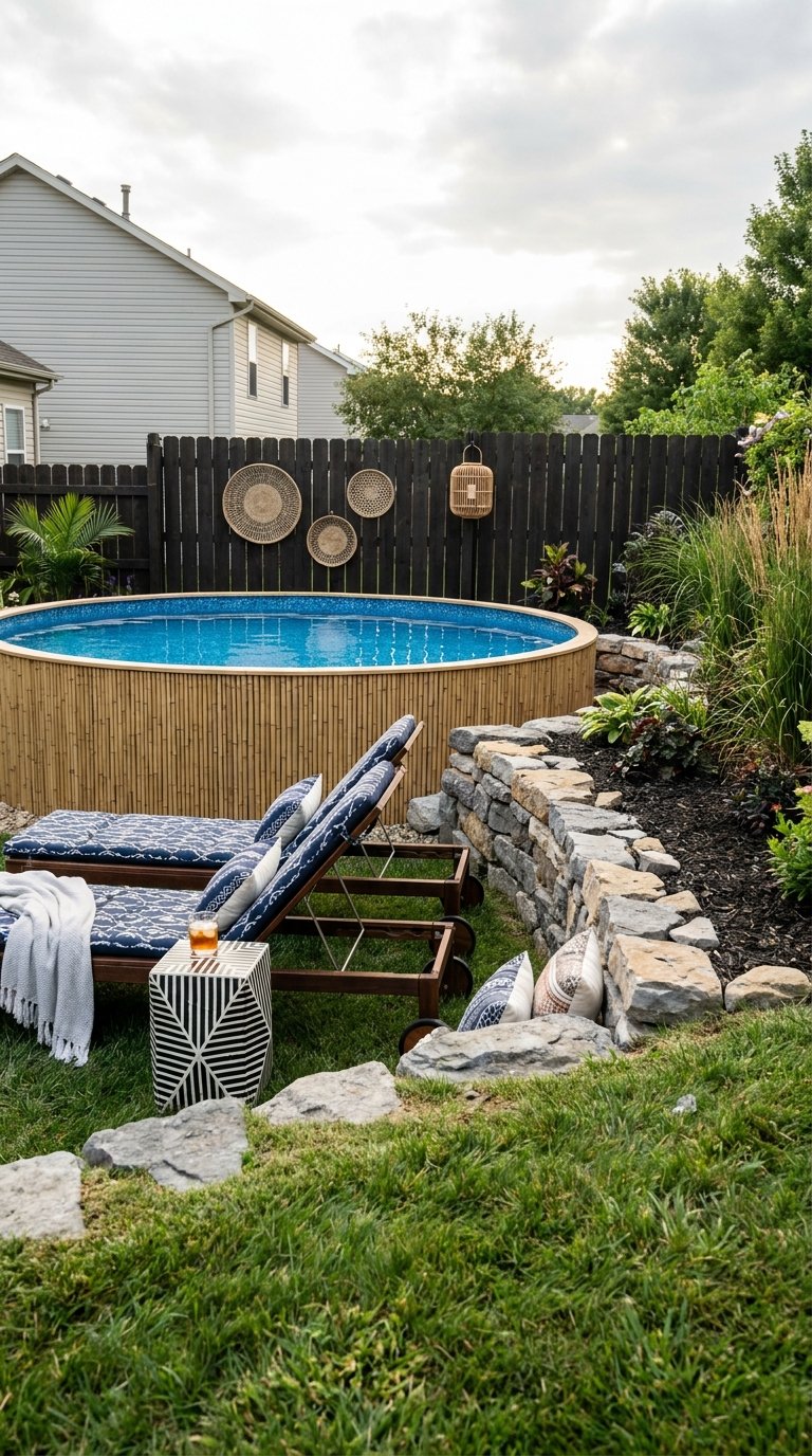 Piscine ronde hors-sol habillée de bambou dans un jardin aménagé