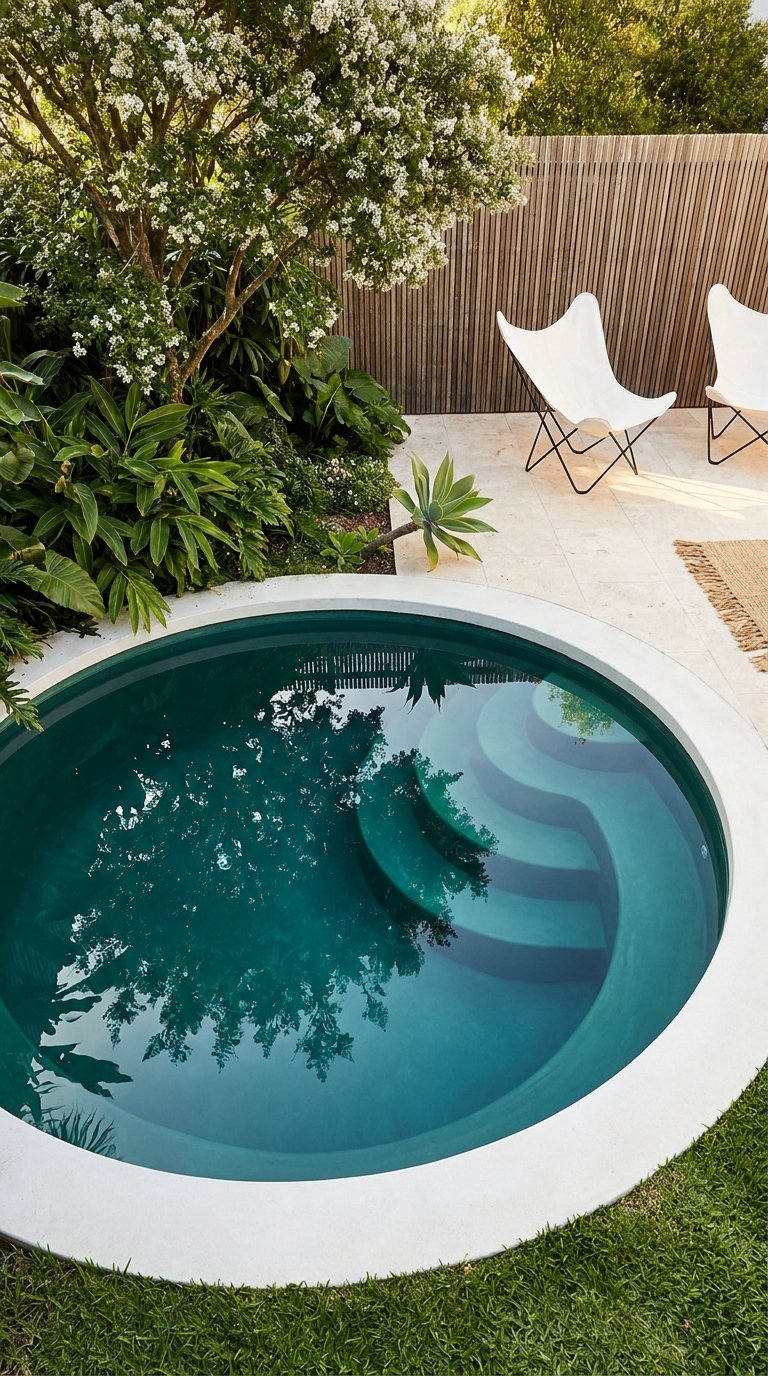 Petite piscine ronde enterrée avec marches courbes et bordure blanche