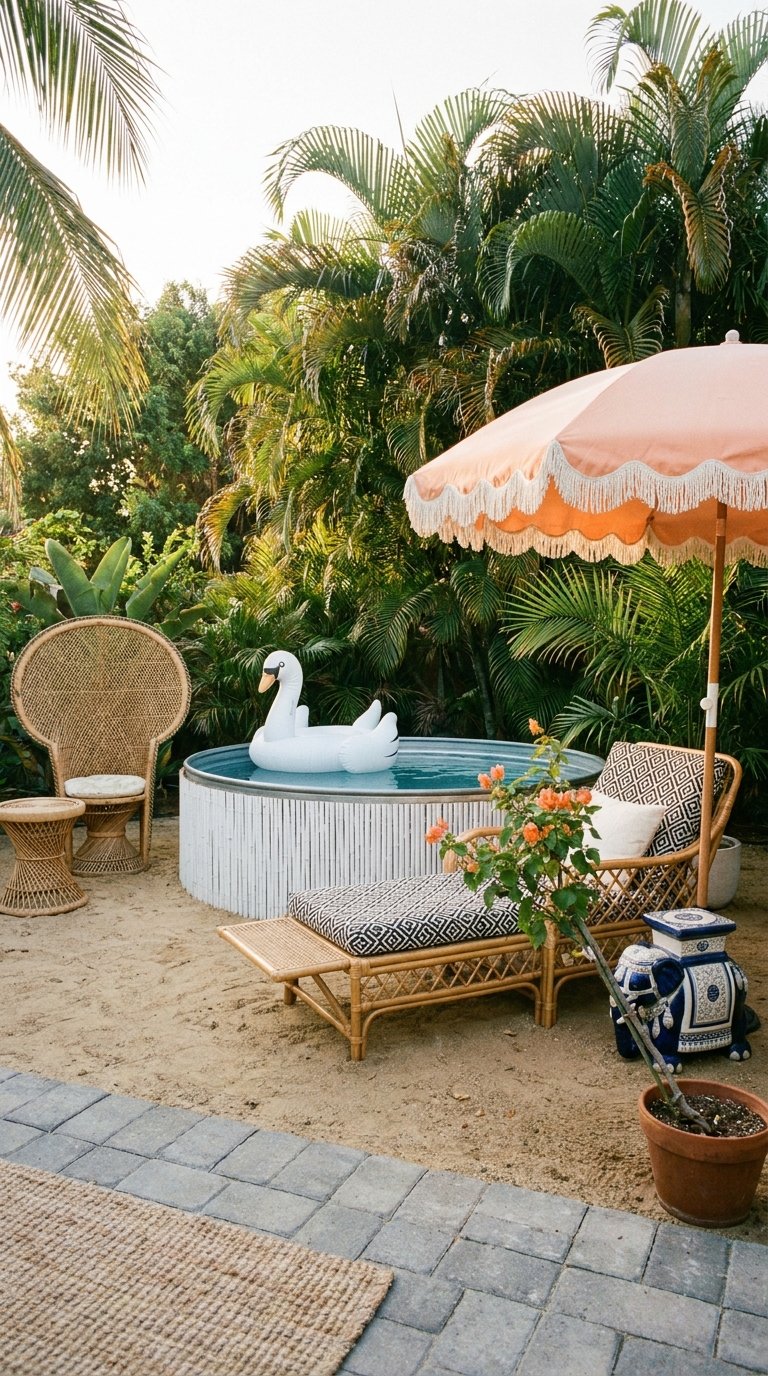 Petite piscine ronde hors-sol entourée de mobilier en rotin et d’un parasol rose
