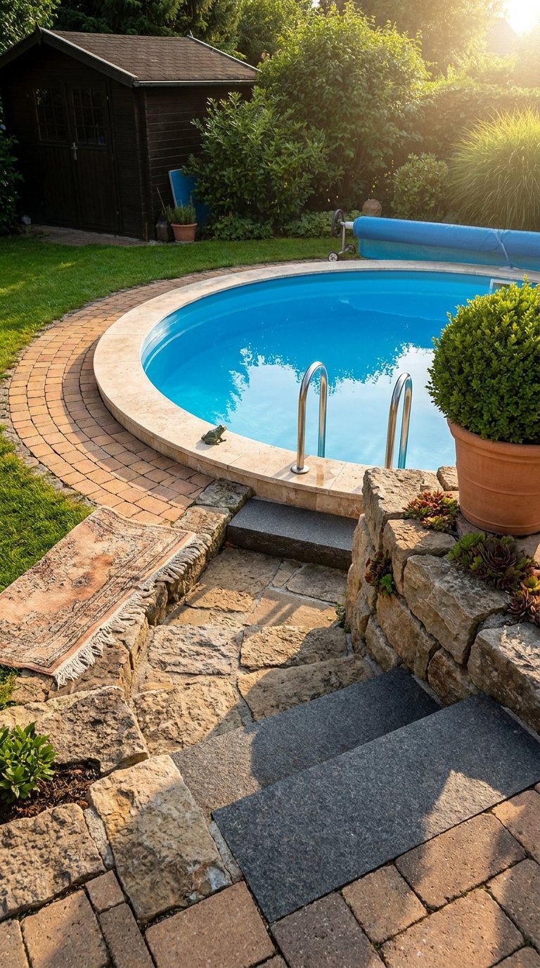 Petite piscine ovale entourée de pavés, de pierres et de pelouse