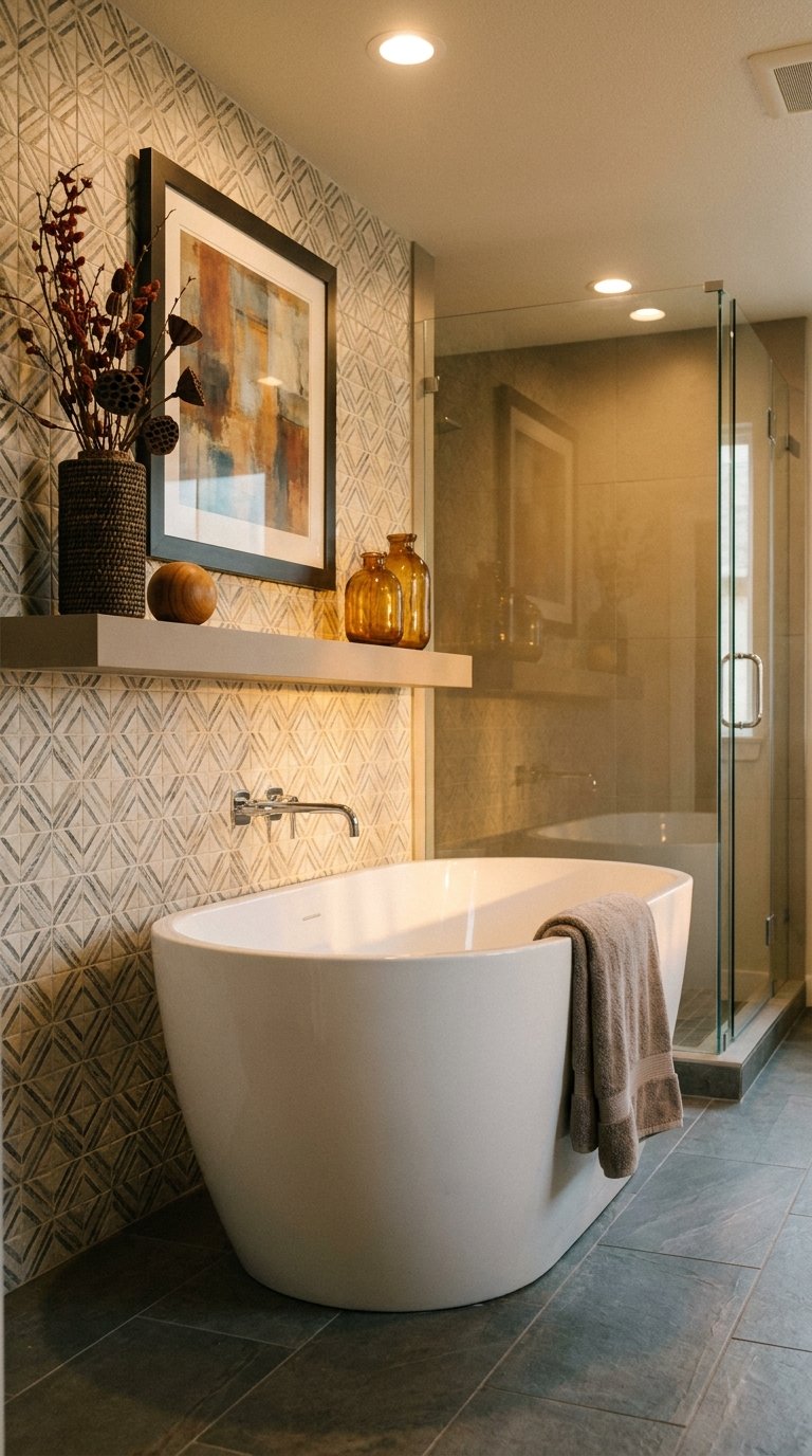 Baignoire blanche devant un mur géométrique beige et une douche vitrée