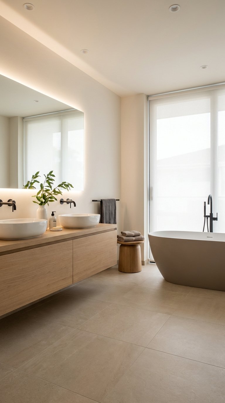 Salle de bain beige lumineuse avec double vasque et baignoire îlot