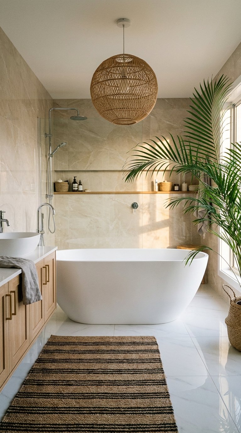 Baignoire blanche dans une salle de bain beige avec palmier et suspension tressée