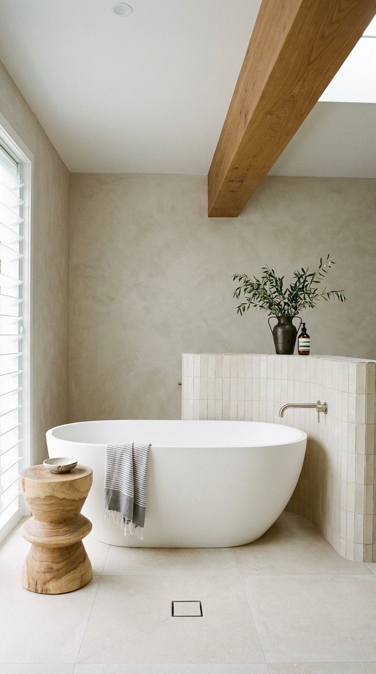 Baignoire blanche devant une cloison carrelée beige et un mur minéral