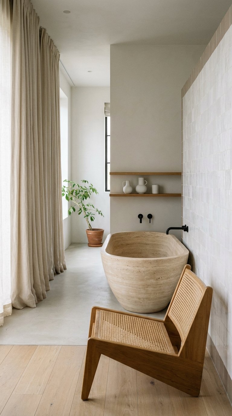 Baignoire en pierre beige près de rideaux en lin et d’un fauteuil cannage