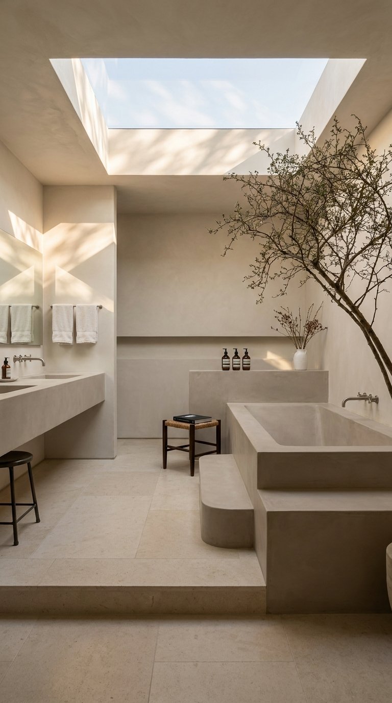 Grande salle de bain beige avec baignoire maçonnée sous une ouverture de toit