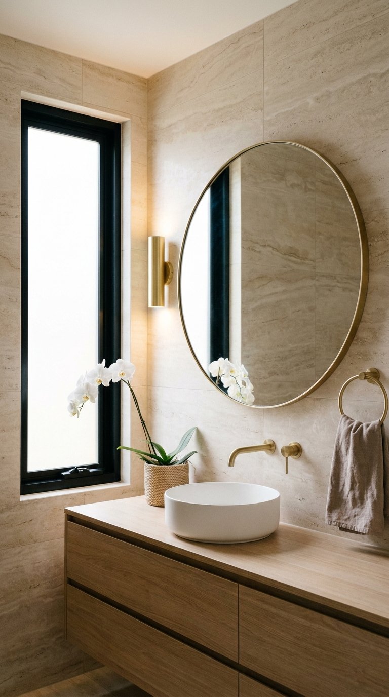 Vasque blanche sous un miroir rond doré sur des murs en pierre beige