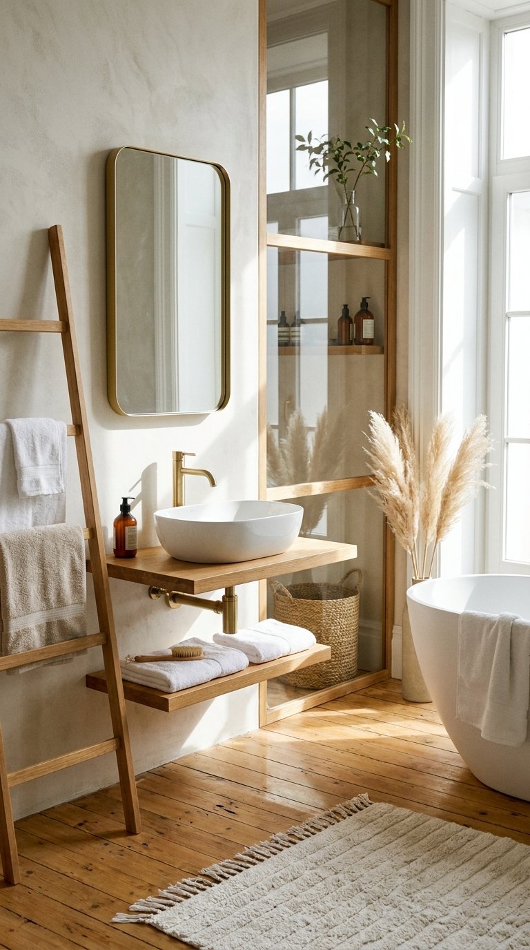 Coin vasque en bois avec miroir doré, échelle porte-serviettes et baignoire blanche