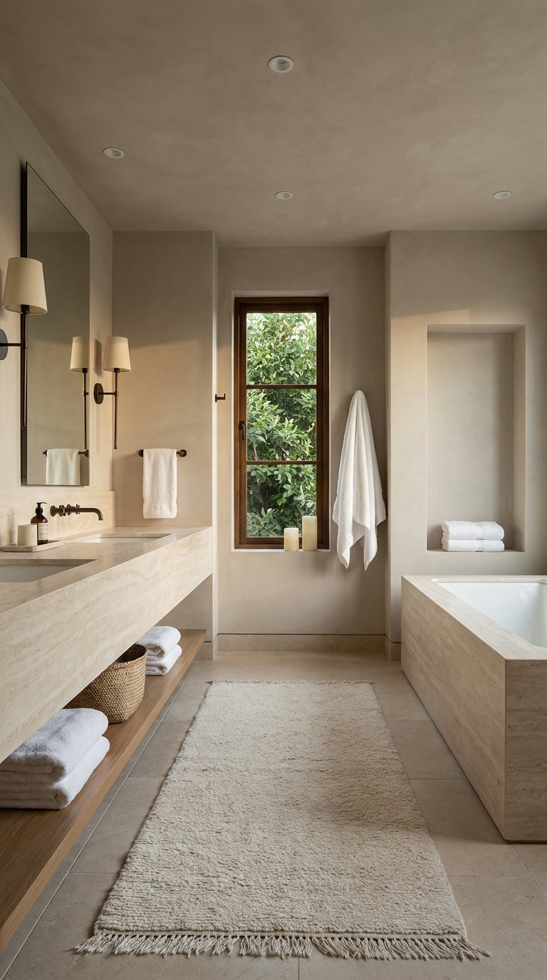 Salle de bain beige avec longue vasque en pierre et baignoire rectangulaire