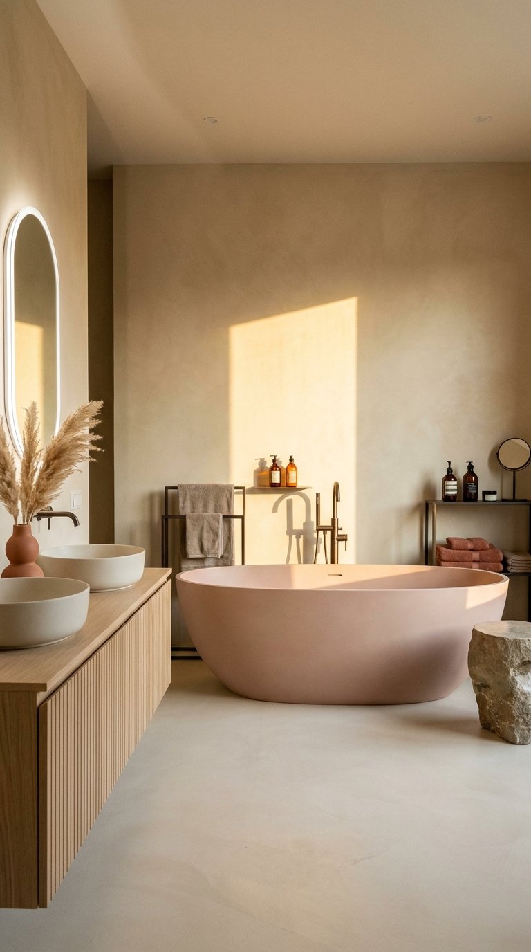 Baignoire rose poudré dans une salle de bain beige aux murs enduits