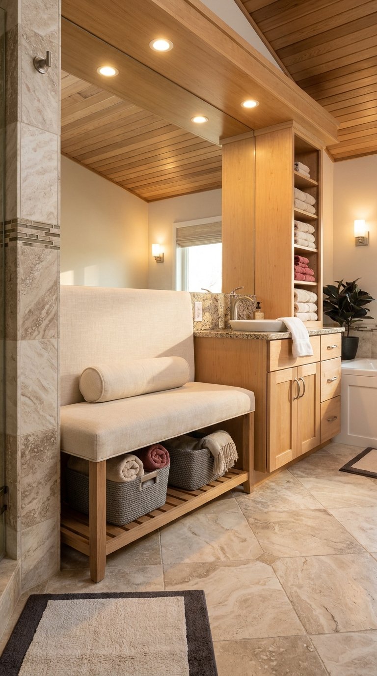 Salle de bain beige et bois avec banquette, rangements ouverts et plafond lambrissé