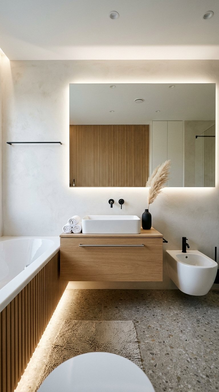 Petite salle de bain beige avec meuble suspendu en bois et miroir rétroéclairé
