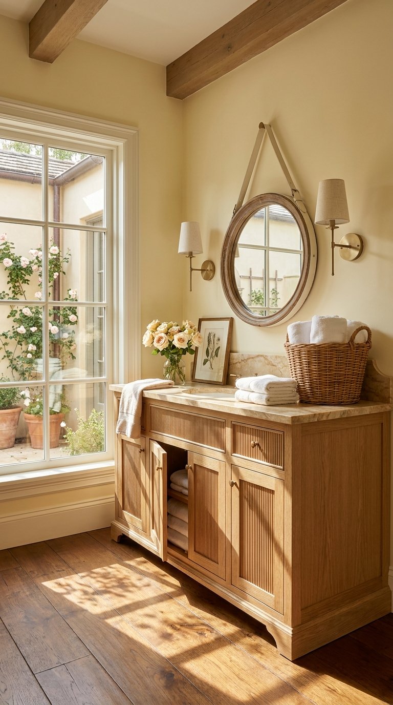 Meuble de salle de bain en bois sous un miroir rond dans une pièce beige ensoleillée