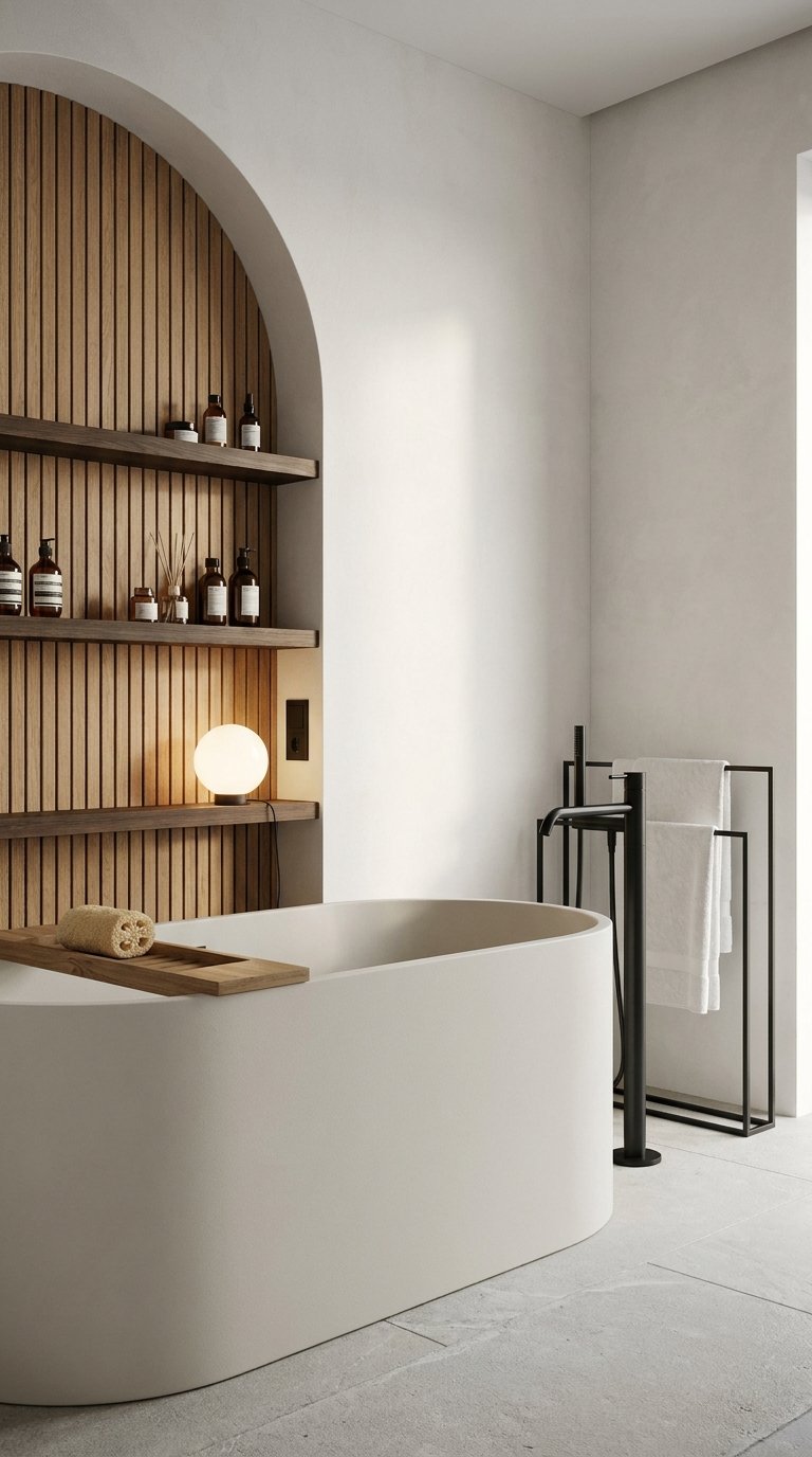Baignoire blanche devant une niche arrondie garnie de tasseaux et tablettes en bois