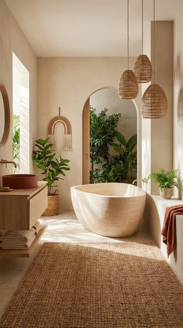 Salle de bain beige végétale avec baignoire en pierre et suspensions tressées