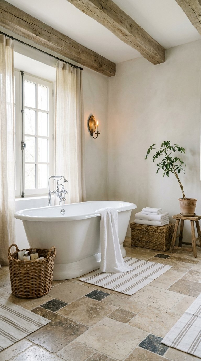 Baignoire blanche sous des poutres anciennes dans une salle de bain rustique beige