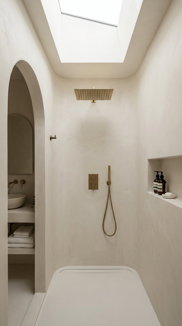 Douche beige minimaliste sous un grand puits de lumière