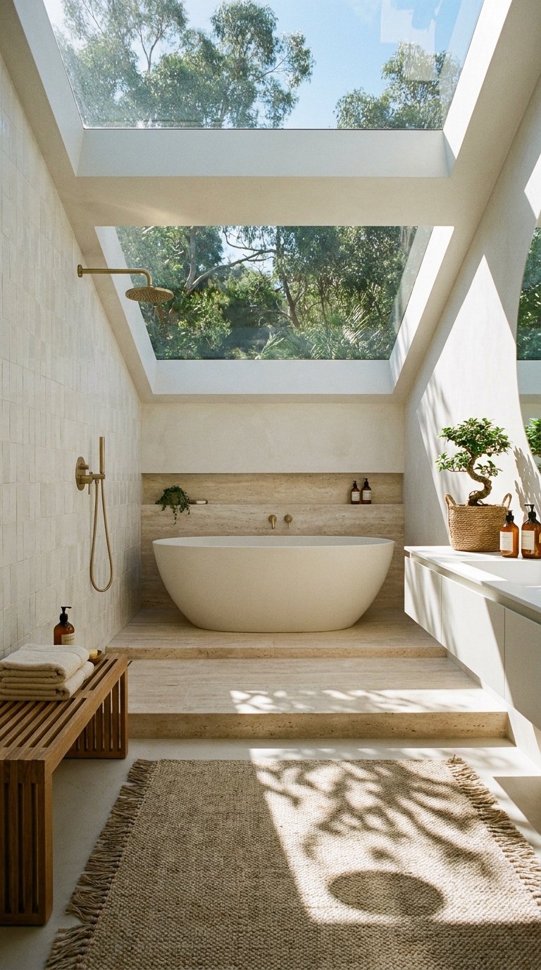 Salle de bain blanche et beige vitrée au plafond avec baignoire surélevée