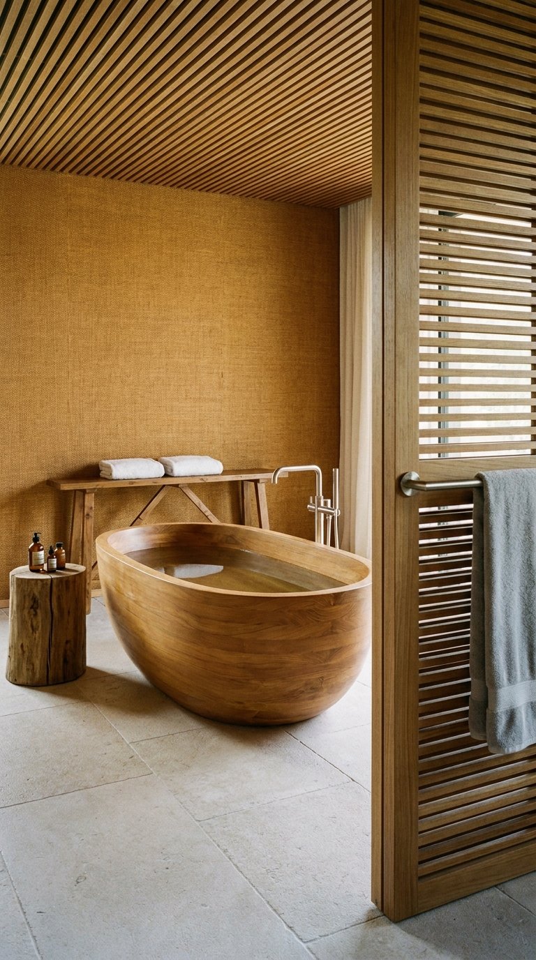 Baignoire ovale en bois dans une salle de bain aux cloisons ajourées