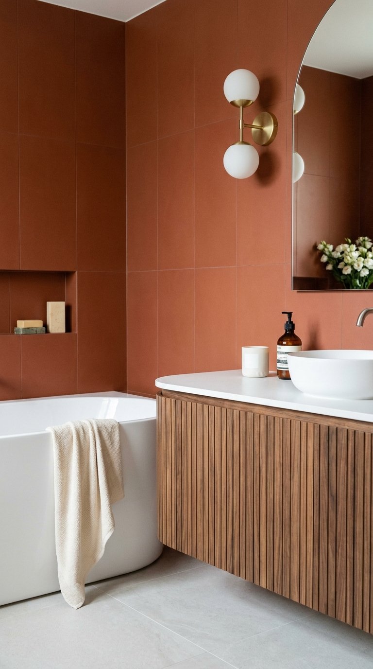 Salle de bain avec murs terracotta, baignoire blanche et meuble vasque en bois rainuré
