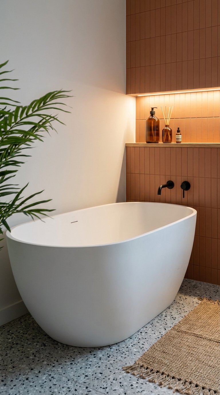Baignoire îlot blanche devant un mur en petits carreaux terracotta éclairé