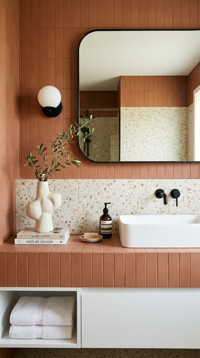 Vasque blanche sur meuble terracotta avec crédence terrazzo et miroir noir