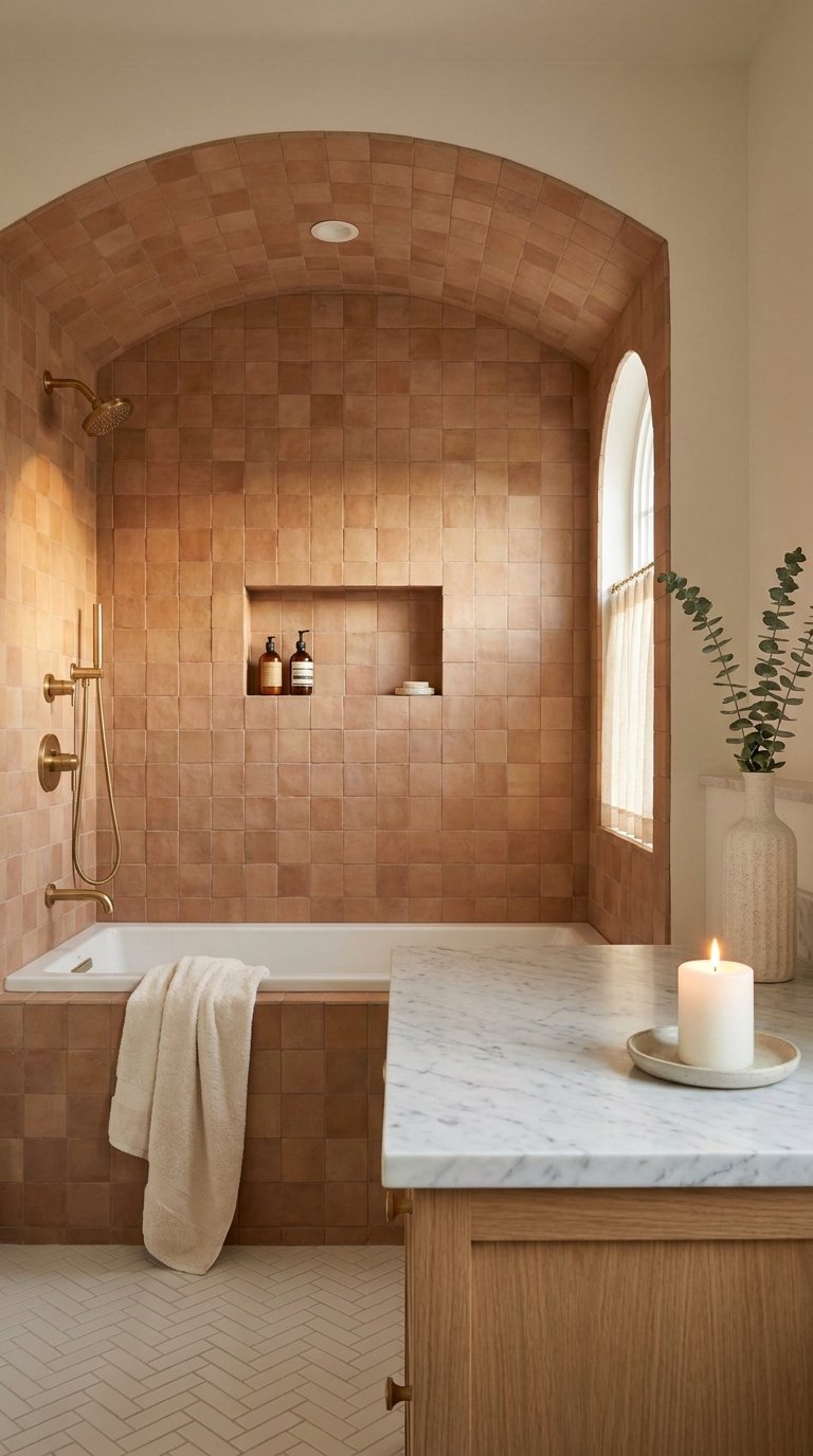 Baignoire encastrée sous une alcôve voûtée entièrement carrelée de terracotta