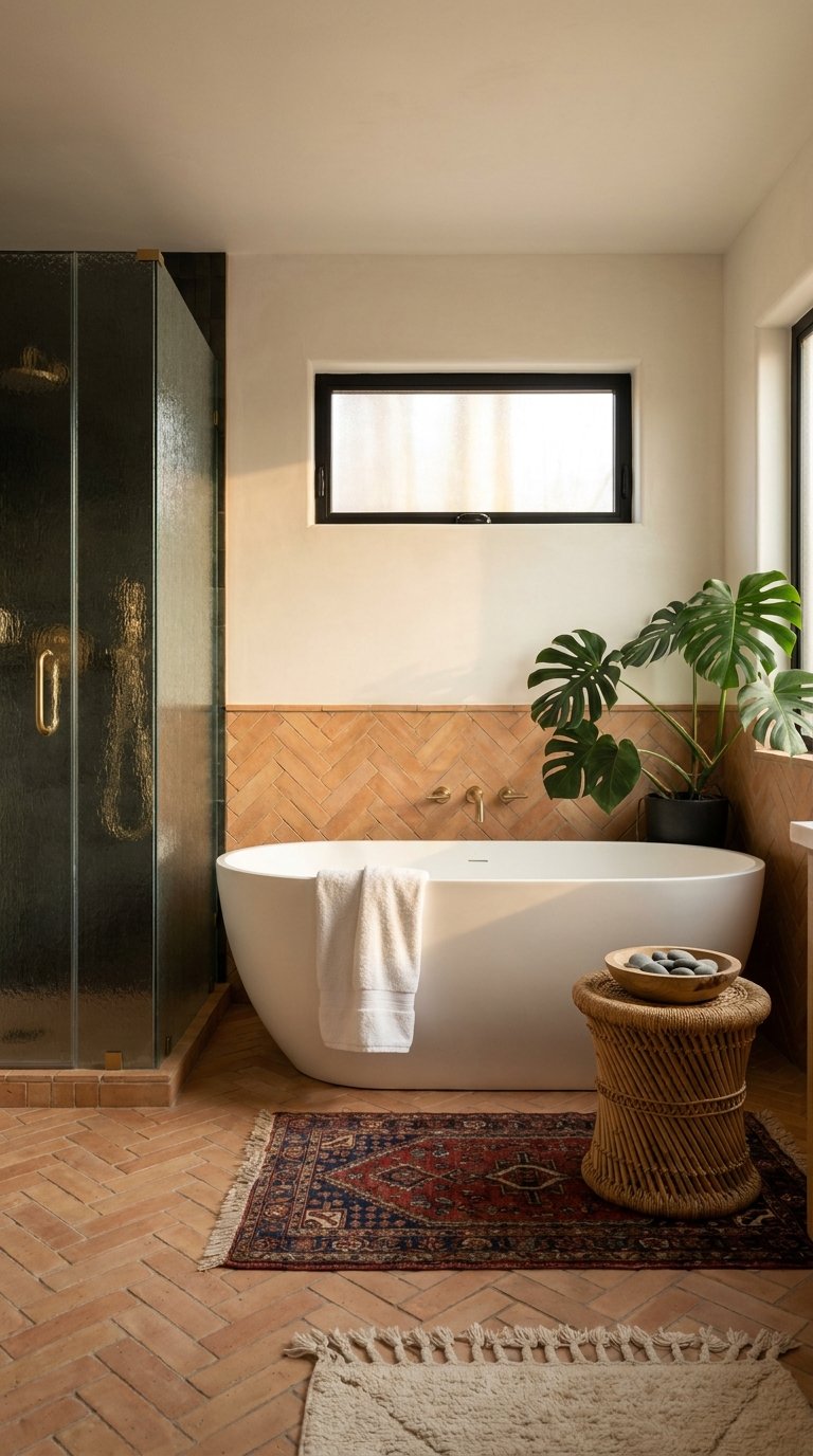 Baignoire blanche sur sol terracotta en chevrons avec douche vitrée et plantes