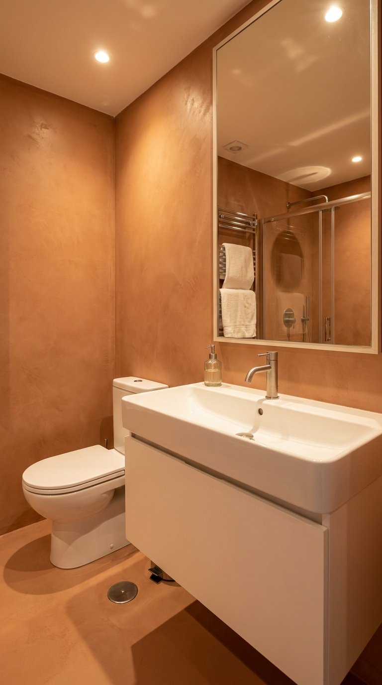 Petite salle de bain aux murs et sol en enduit terracotta avec mobilier blanc