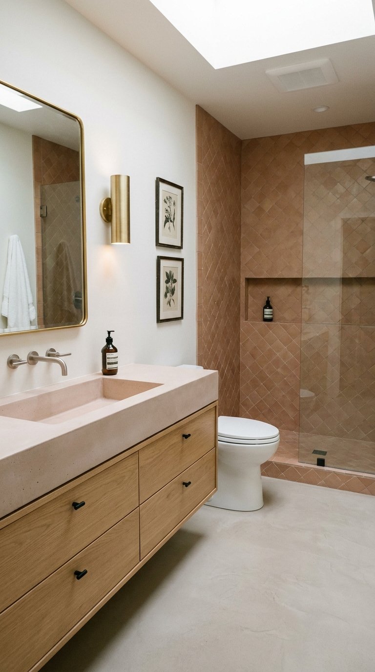 Salle de bain claire avec douche en carreaux terracotta posés en diagonale