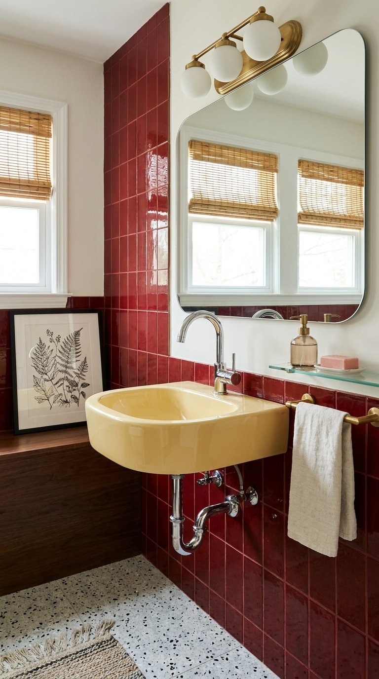 Salle de bain rétro avec carrelage rouge sombre, lavabo jaune et miroir arrondi