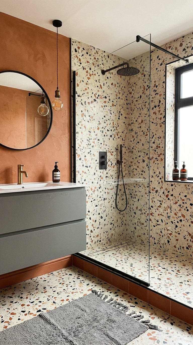 Douche ouverte en terrazzo avec mur vasque enduit terracotta et meuble gris