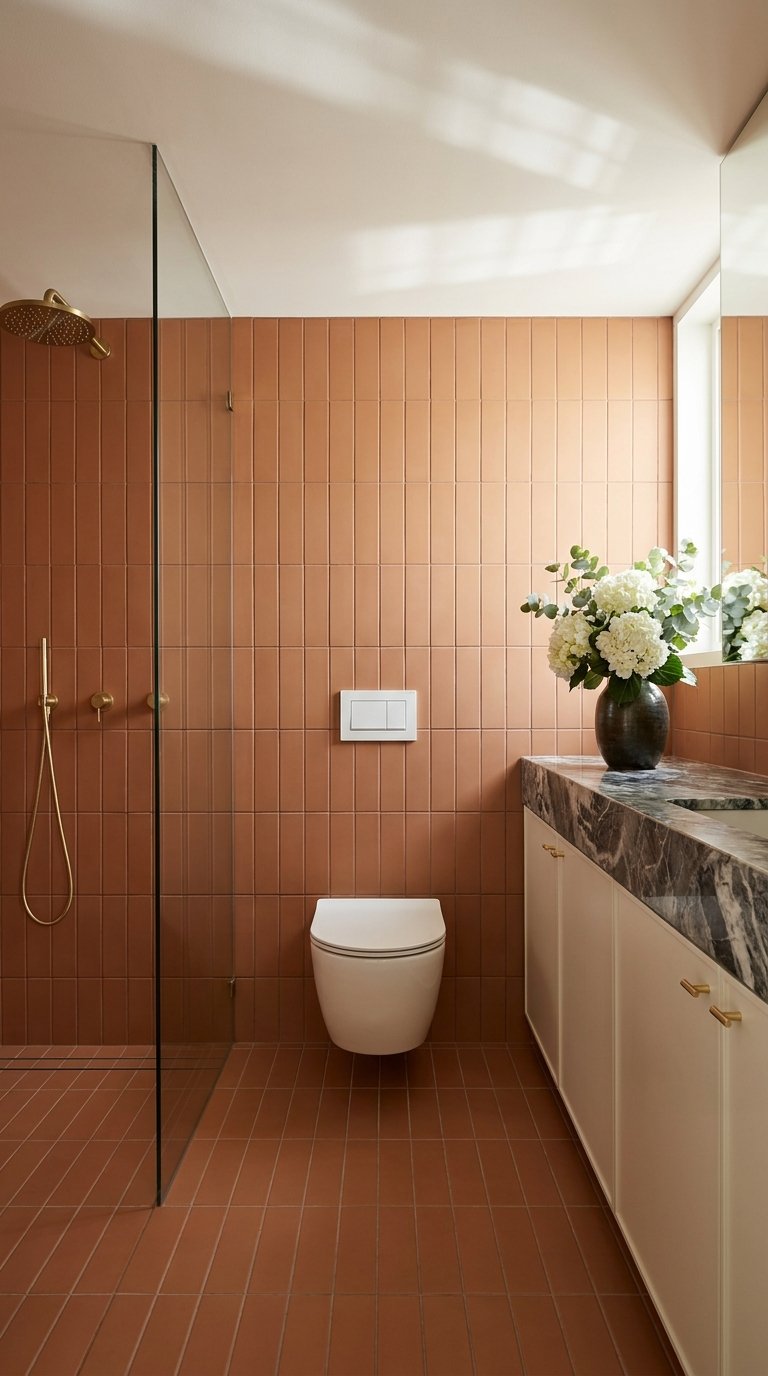 Salle de bain entièrement carrelée de terracotta avec douche vitrée et vasque en pierre