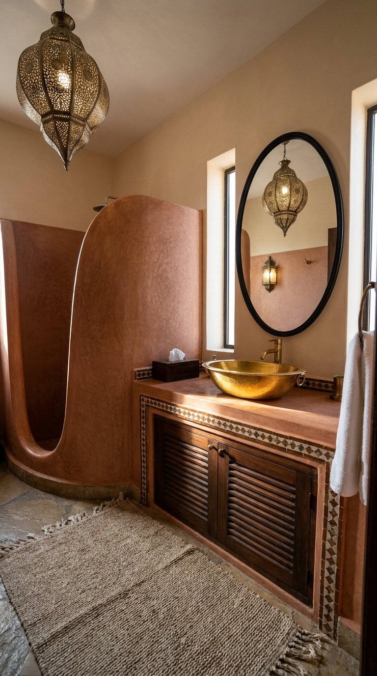 Salle de bain marocaine avec douche courbe terracotta, vasque dorée et lanterne ajourée