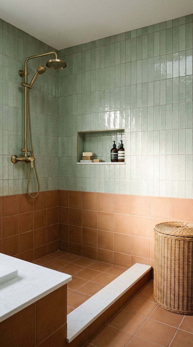 Douche ouverte bicolore en carreaux vert sauge et terracotta avec robinetterie en laiton