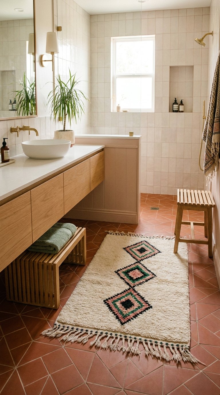 Salle de bain claire avec sol terracotta géométrique, meuble en bois et tapis berbère