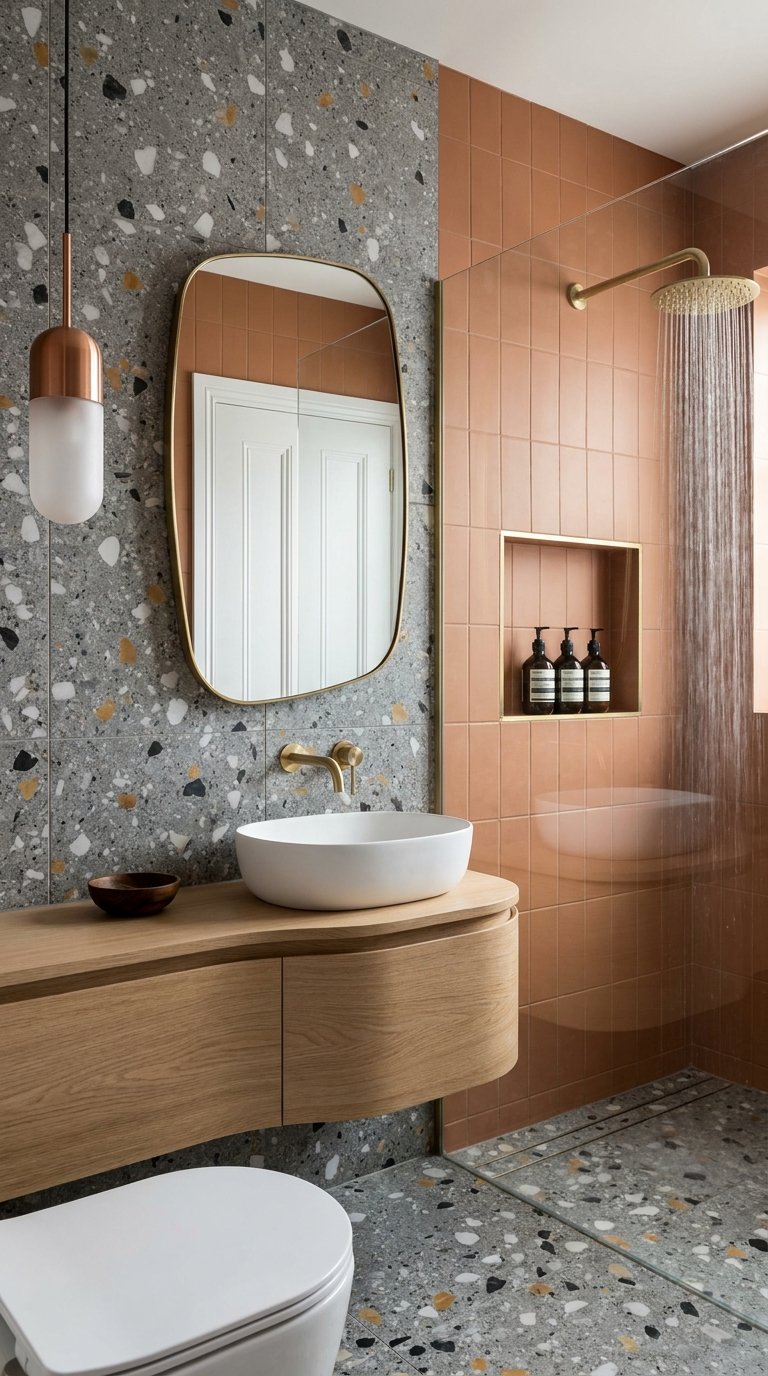 Salle de bain avec douche terracotta, parois en terrazzo gris et meuble vasque en bois courbe