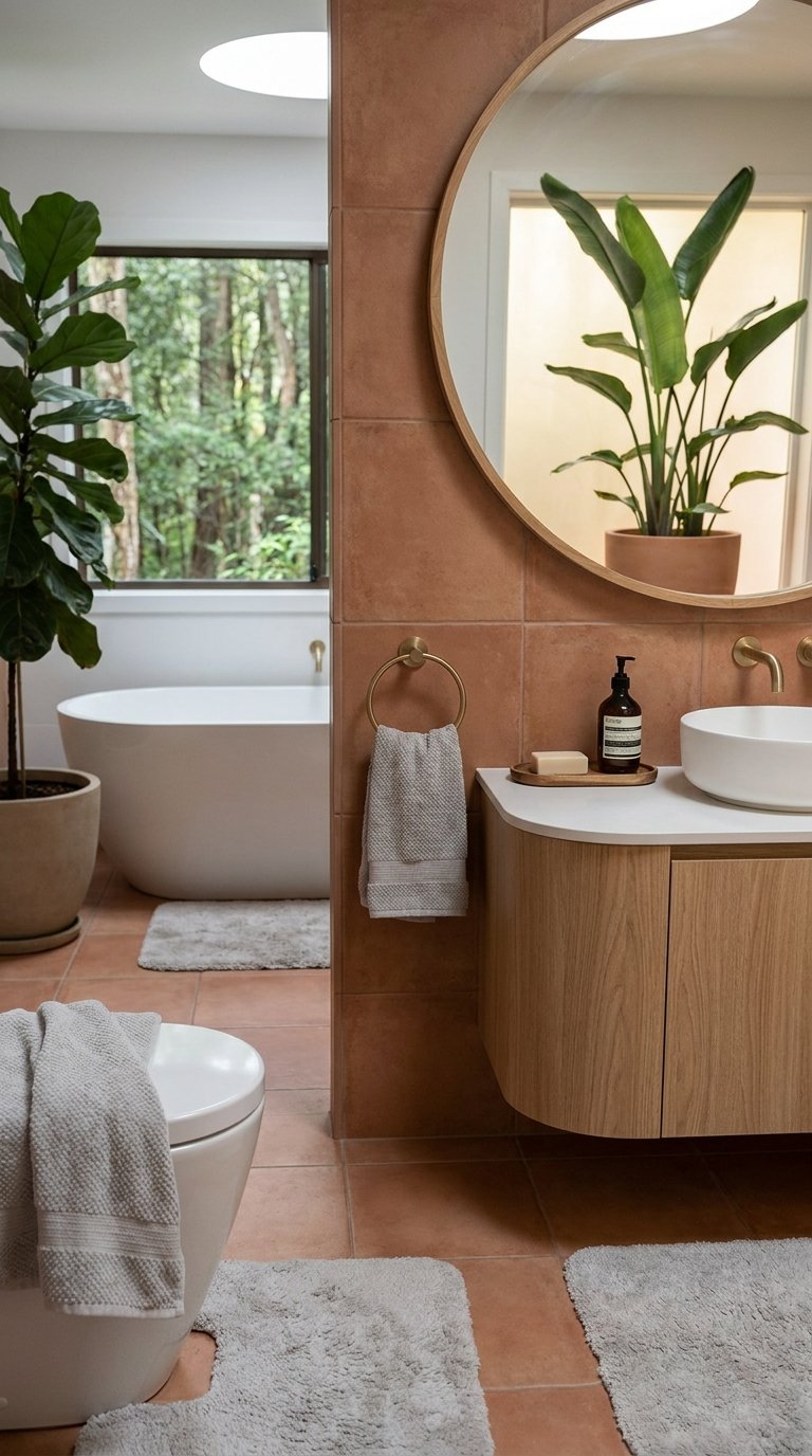 Salle de bain naturelle avec carrelage terracotta, meuble vasque en bois et grandes plantes