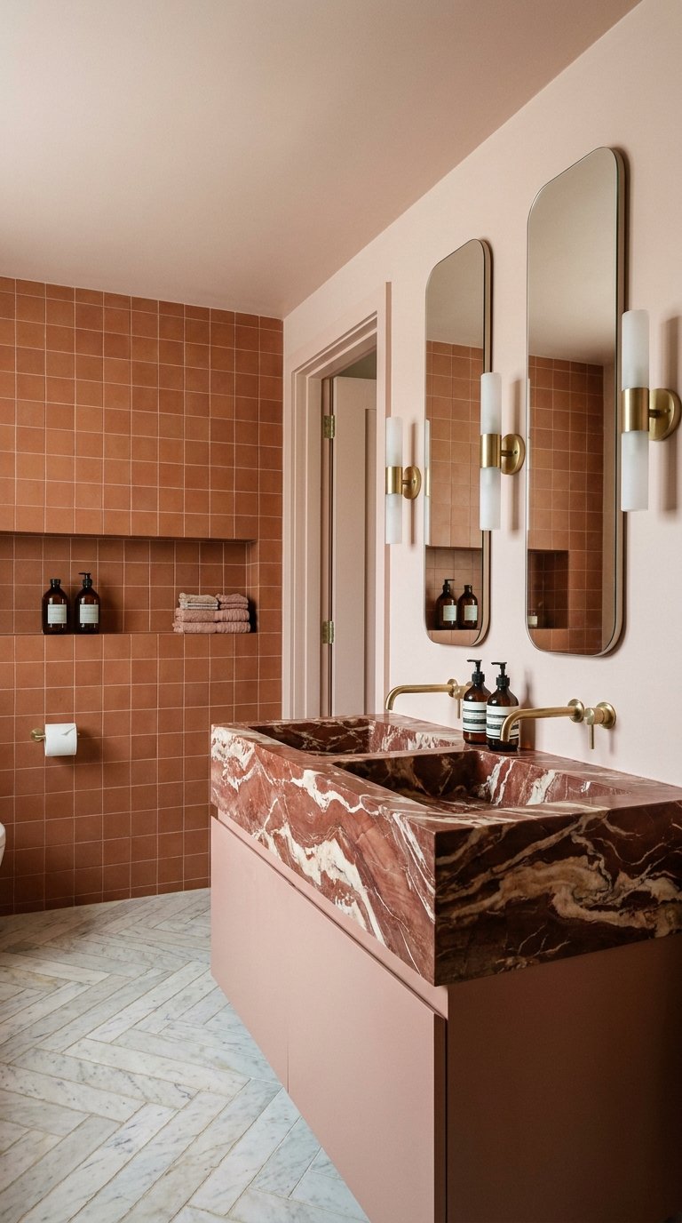 Salle de bain terracotta avec double vasque en marbre brun et miroirs verticaux