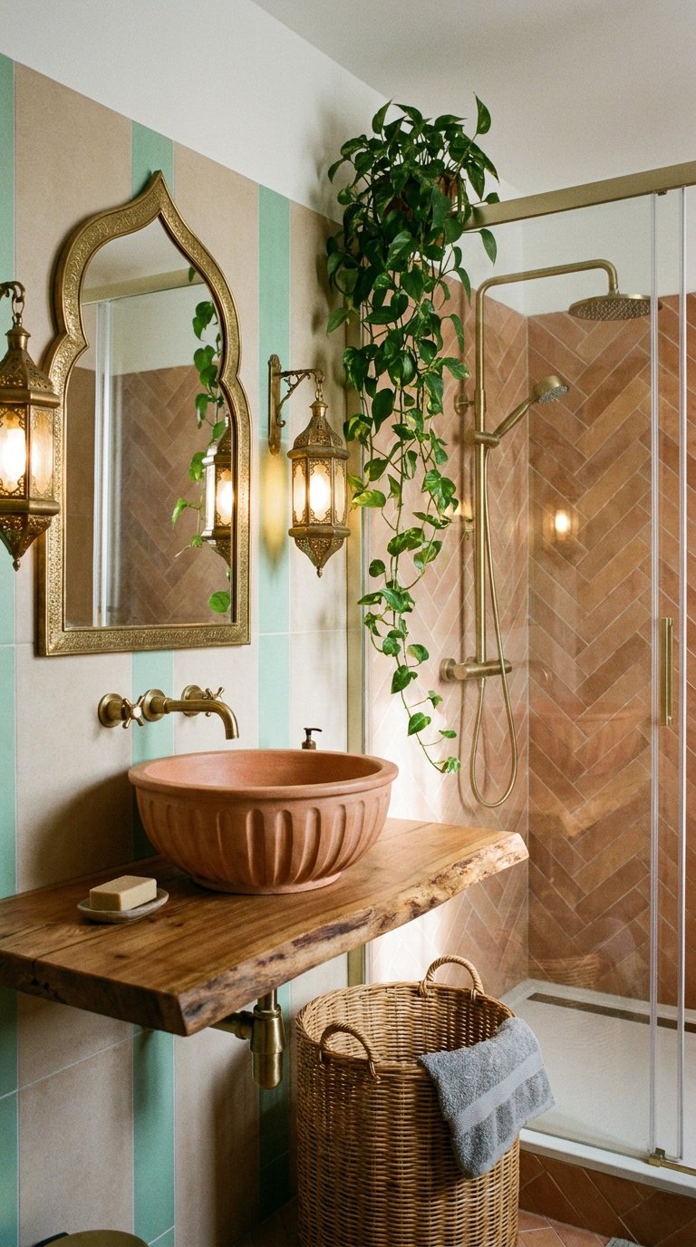 Salle de bain colorée avec douche terracotta en chevrons, vasque en terre cuite et miroir oriental