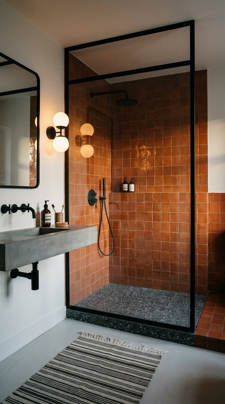 Douche terracotta encadrée de noir avec vasque murale grise et tapis rayé