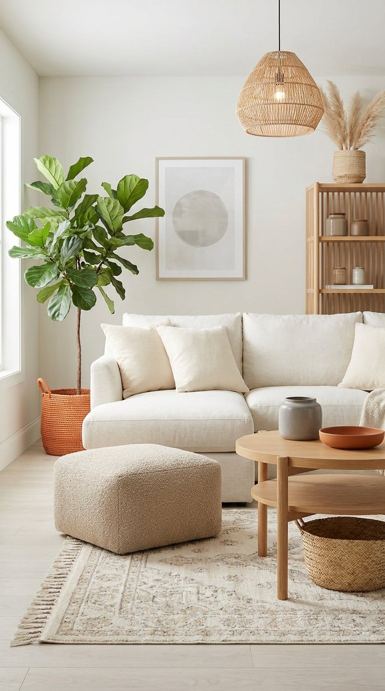 Canapé beige avec pouf bouclé, table ronde en bois et grand ficus