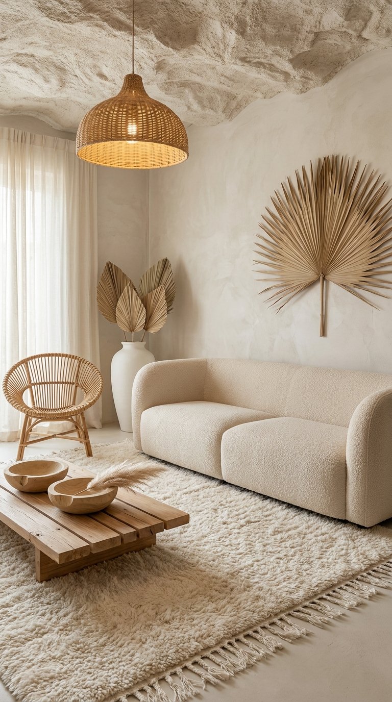 Salon beige texturé avec canapé bouclé, fauteuil en rotin et décoration en feuilles de palmier