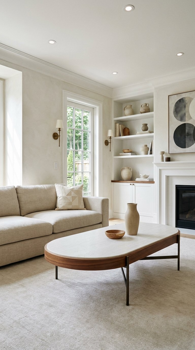 Salon classique beige avec cheminée blanche, bibliothèque intégrée et table basse ovale