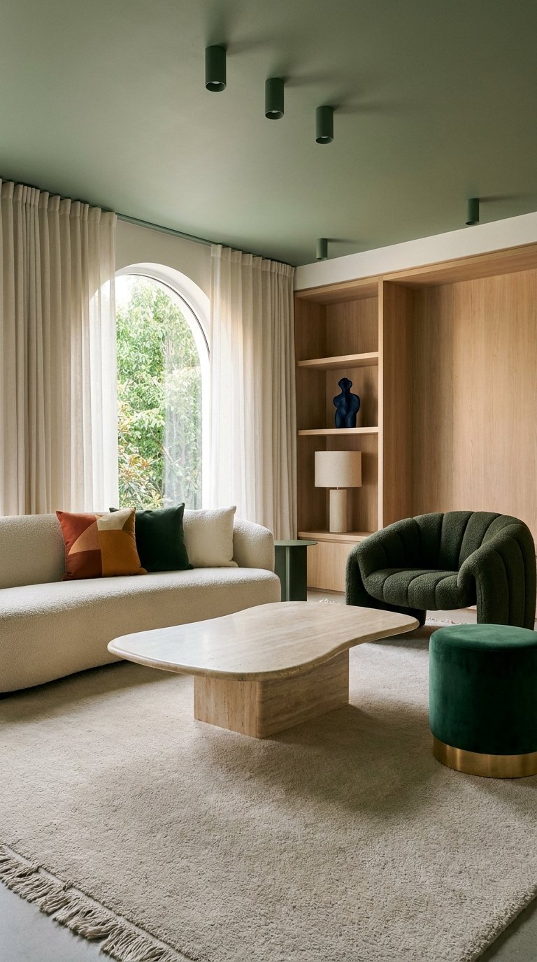 Salon beige contemporain avec plafond vert, fauteuil vert foncé et bibliothèque en bois