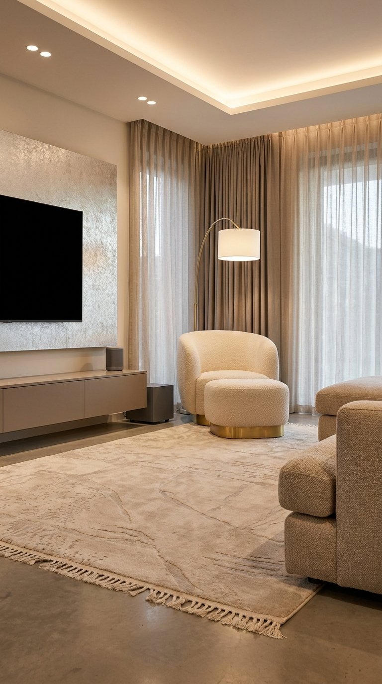 Coin télévision beige avec fauteuil bouclé, pouf assorti et éclairage indirect