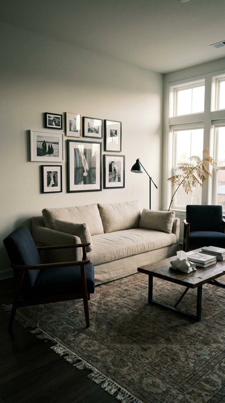 Petit salon beige avec canapé en lin, fauteuils bleu marine et mur de photographies