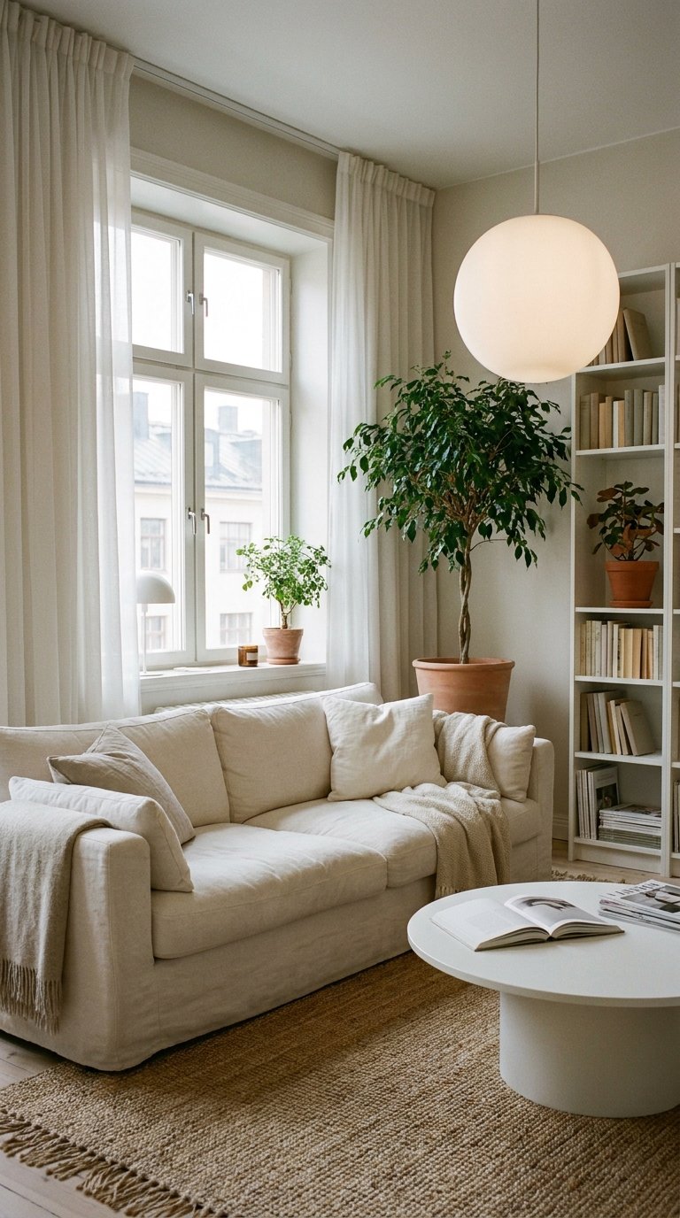 Salon beige lumineux avec canapé en lin, grande suspension globe et plantes en pot